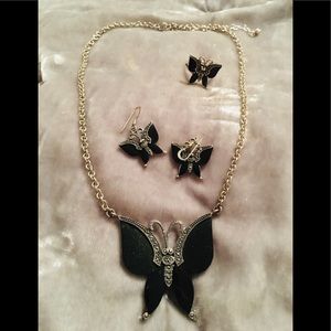 Vintage SS Marcasite/AD Black Onyx Butterfly Set